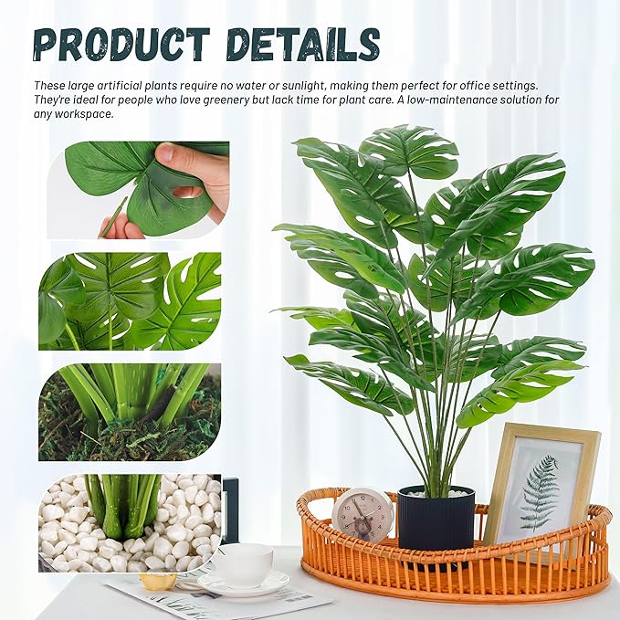Der Rose 28" Black Pot Fake Monstera Plants, Large Artificial Potted Plants for Indoor & Outdoor Floor Front Porch Modern Decor