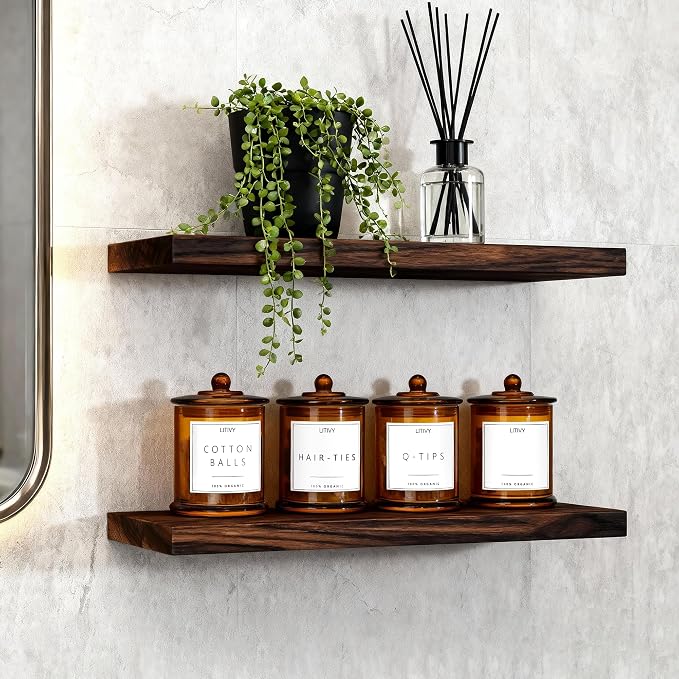 LITIVY 4 Pack Bathroom Organizers and Storage - 16 Oz Glass Qtip Holder & Cotton Pad Dispenser with Lid, Apothecary Jars for Home, Room Decor, Kitchen Organizer (Amber)