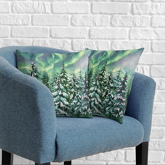 Winter Aurora Pillow Covers 18x18 Set of 2 Snowy Pine Tree Throw Pillow Covers Green Polar Light Forest Pillow Case Double Sided Printing Cushion Case for Home Decor Couch Sofa