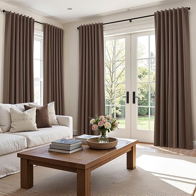 Guken 100% Blackout Curtains 84 Inch Length 2 Panels Set for Living Room Bedroom Back Tab Thermal Insulated Black Out Linen Drapes Room Darkening Mocha Mousse,52x84