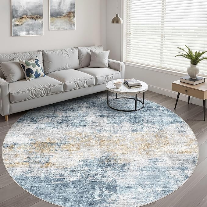 5ft Round Rug Living Room: 5x5 Washable Large Neutral Circle Area Rug Abstract Soft Modern Stain Resistant Indoor Floor Non-Slip Carpet for Bedroom Nursery Kids Office Playroom Dining Room- Blue Gold