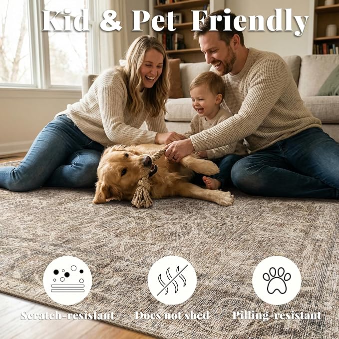 Washable Rugs for Living Room: 5x7 Area Rugs for Bedroom Ultra Soft Non-Slip Stain Resistant Vintage Boho Large Carpet for High-Traffic Dining Room - Farmhouse Decor