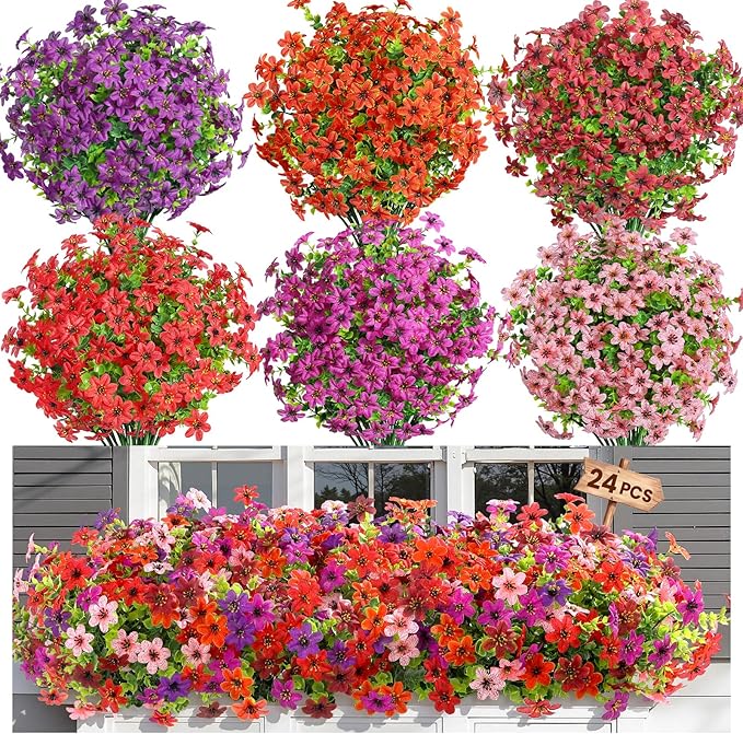 SHareconn 24 Bundles Artificial Flowers for Outdoor Spring Decorations, Realistic Fake Silk Plants UV-Resistant for Outdoor Planters,RedBrownPurpleDeepPurpleOrangePink