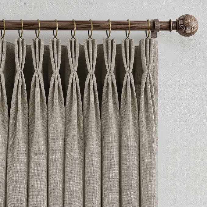 90 Inch Triple Pinch Pleated Linen Curtains 2 Panel Set for Living Room Grey Beige Linen Textured Drapes 90 Inches Long Pinch Pleat Curtain Tan Brown Semi Sheer Light Filtering for Dining Room Office