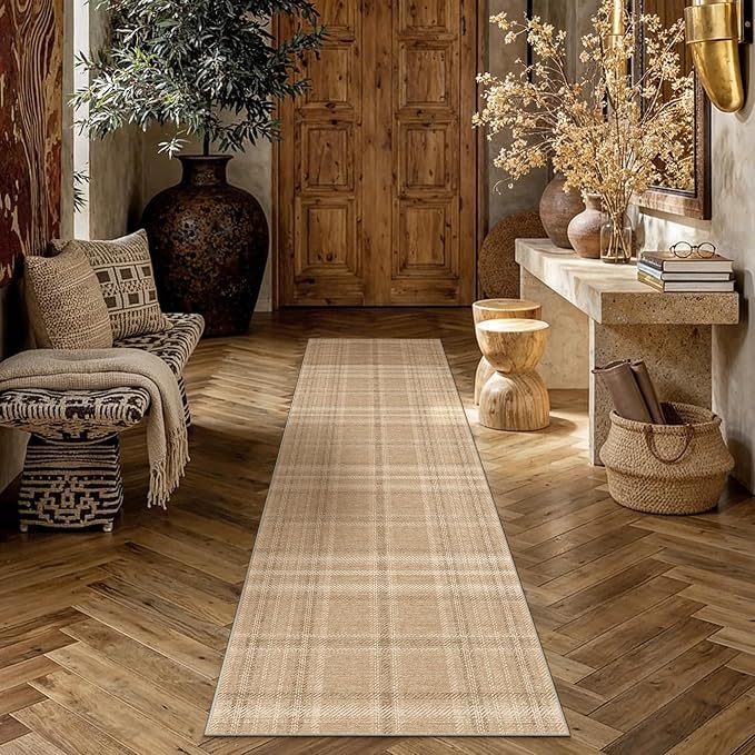 2x8 Brown Runner Rug for Kitchen Machine Washable Low Pile Checkered Carpet Modern Accent Soft Non Slip Rug for Bathroom Bedroom Nursery Indoor