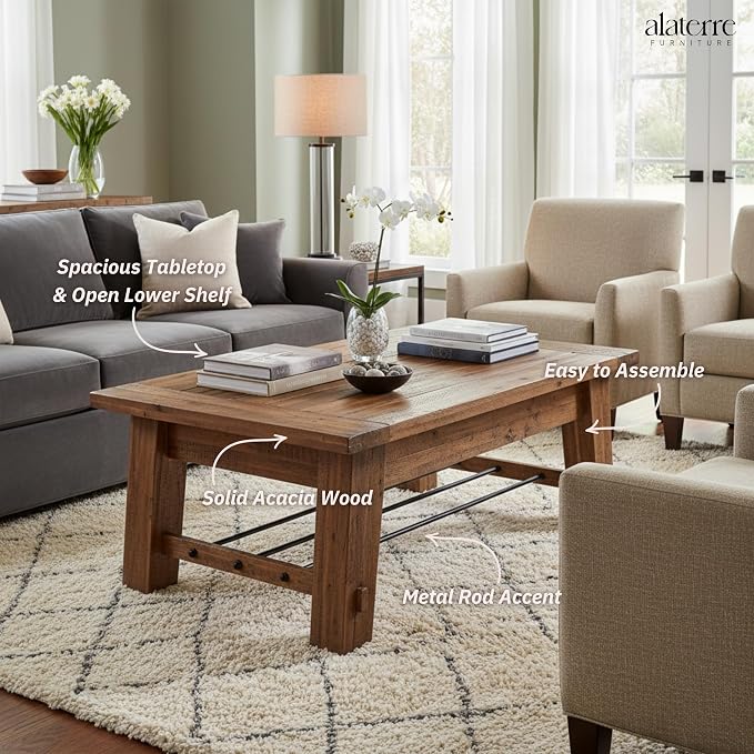 Alaterre Furniture Durango Solid Wood Coffee Table with Metal Storage Shelf | 48-Inch, Rustic Industrial Living Room Table, Metal Accent, Rustic Natural Grain Lacquer Finish