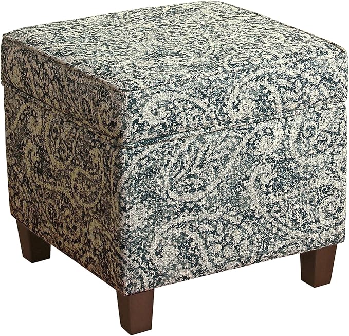Homepop Home Décor|K7342-F2214|Classic Square Storage Ottoman with Lift Off Lid | Ottoman with Storage for Living Room & Bedroom, Gray Paisley Blue