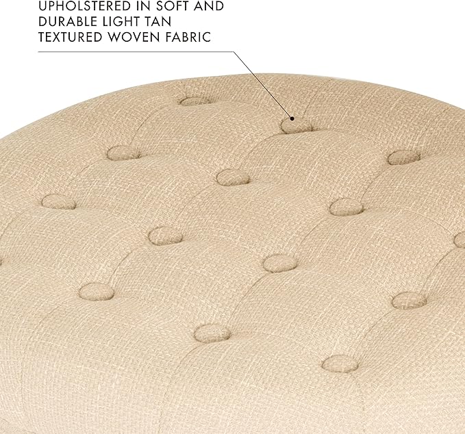 HomePop by Kinfine Fabric Upholstered Round Storage Ottoman - Button Tufted Ottoman with Removable Lid, Light Tan Textured Solid
