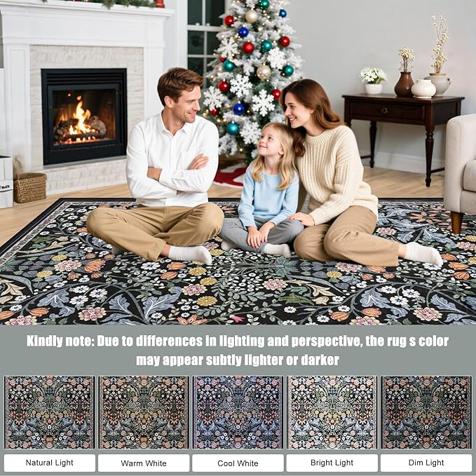 6x9 Area Rugs for Living Room: Floral Washable Rug Vintage Large Soft Boho Non-Slip Carpet Indoor Stain Resistant Thin Carpets for Bedroom Dining Room Farmhouse Nursery Hallway Home Office Dark Black