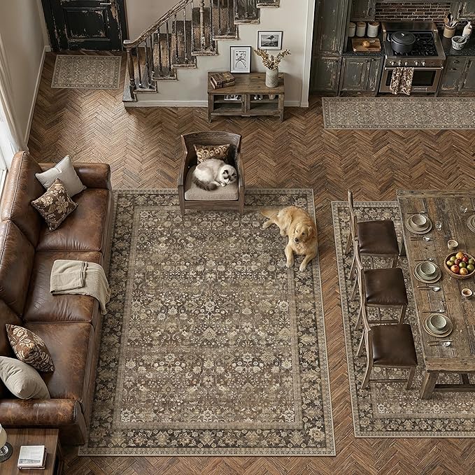 HUGEAR 2x5 Runner Rug Machine Washable Brown Hallway Area Rugs Indoor Accent Rugs Floral Low Pile Carpet Distressed Throw Rug Bedroom Living Room Office Dining Kitchen Laundry Non Slip