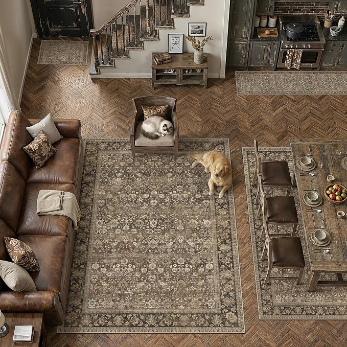 HUGEAR 3x12 Runner Rug Machine Washable Brown Hallway Area Rug Indoor Accent Rug Floral Low Pile Carpet Soft Throw Rug Bedroom Living Room Office Dining Room Kitchen Laundry Room Non Slip