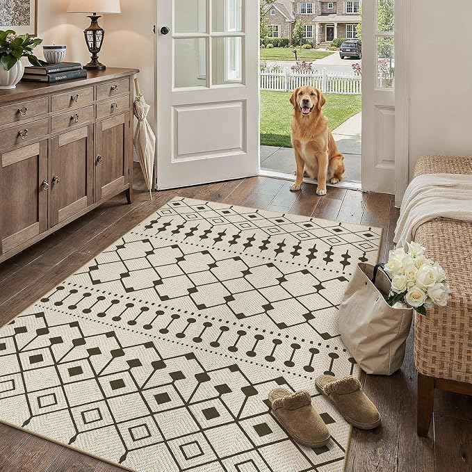 HUGEAR 3x5 Outdoor Rug Black/Beige Linen-Look Fabric Boho Area Rug High Traffic Stain Resistant Easy Clean Durable Rugs for Indoor/Outdoor Patio Deck Balcony Porch Garden Courtyard