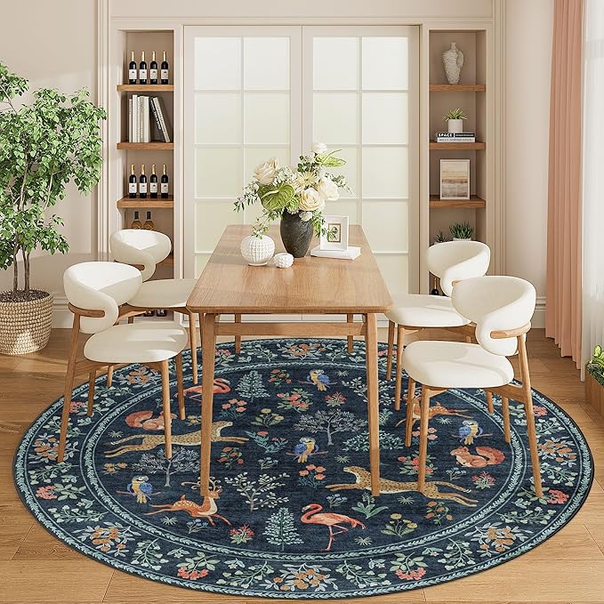 DUKINO 6ft Round Rug for Bedroom, Animal Print Washable Circle Rug with Low Pile Design, Soft Indoor Floor Non Slip Carpet for Entryway, Living Room, Office, Dining Room, Navy Blue