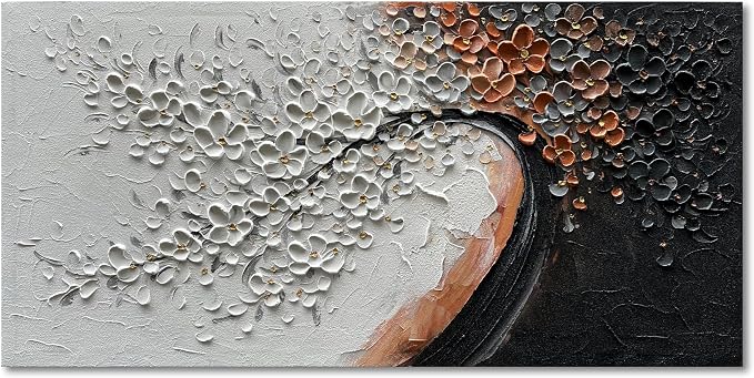 Hand-Painted 24x48 inch White and Black Abstract Flower Tree Painting Canvas Mural Living Room Bedroom Dining Room Wall Art Deco Painting