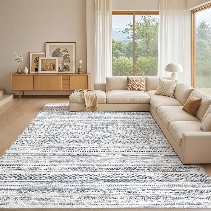 Tortania Area Rug Living Room Rugs- 10x12 Washable Large Soft Neutral Boho Moroccan Bohemian Farmhouse Rug Indoor Floor Carpet for Bedroom Under Dining Table Home Office Decor - Dark Blue