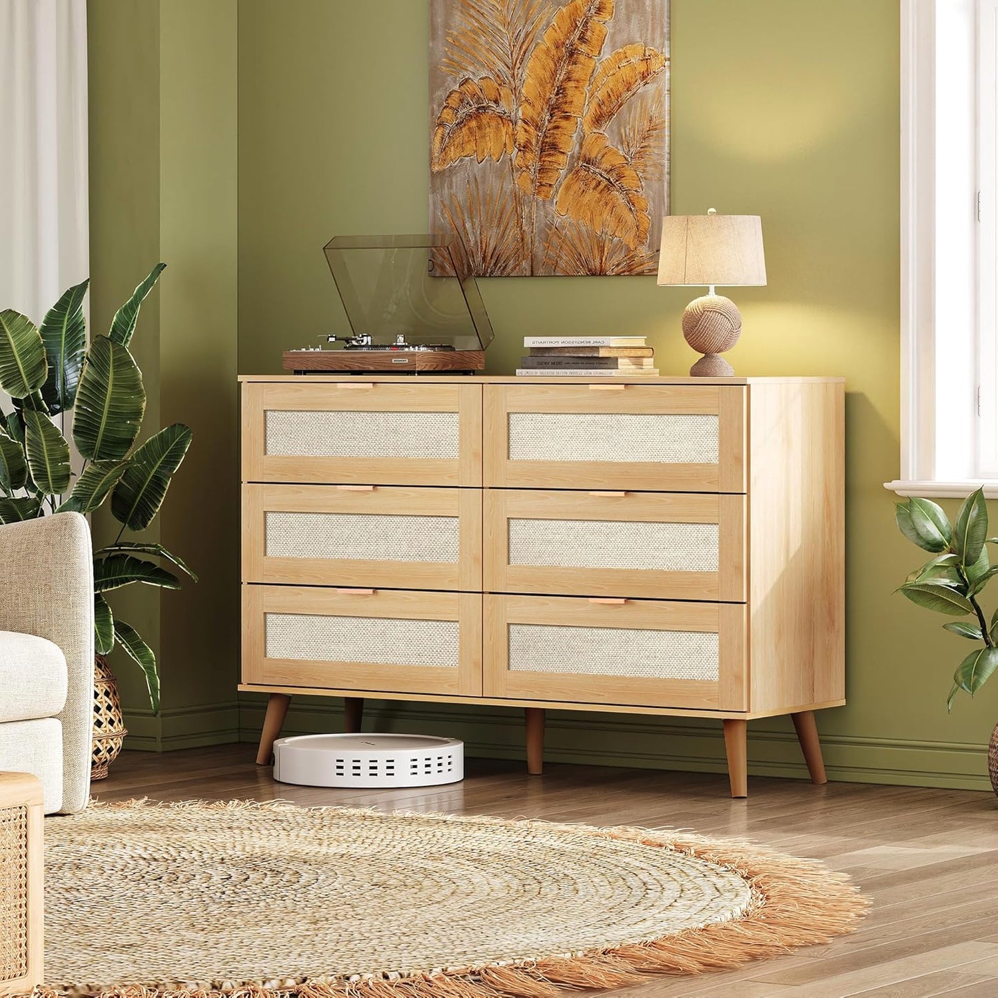 WLIVE Rattan Dresser for Bedroom, 6 Drawer 47.24'' Wide Boho Wood Dresser, Chest of Drawers, Gold Metal Handle, TV Stand for 55 inch TV, Storage Cabinet for Living Room, Hallway, Light Oak