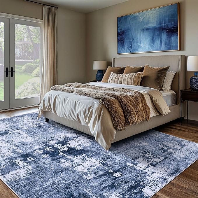 DMOYEST Area Rug Living Room Rugs - 8x10 Washable Large Soft Indoor Neutral Modern Abstract Low Pile Rug Carpet for Bedroom Dining Room Farmhouse Home Office - Navy Blue