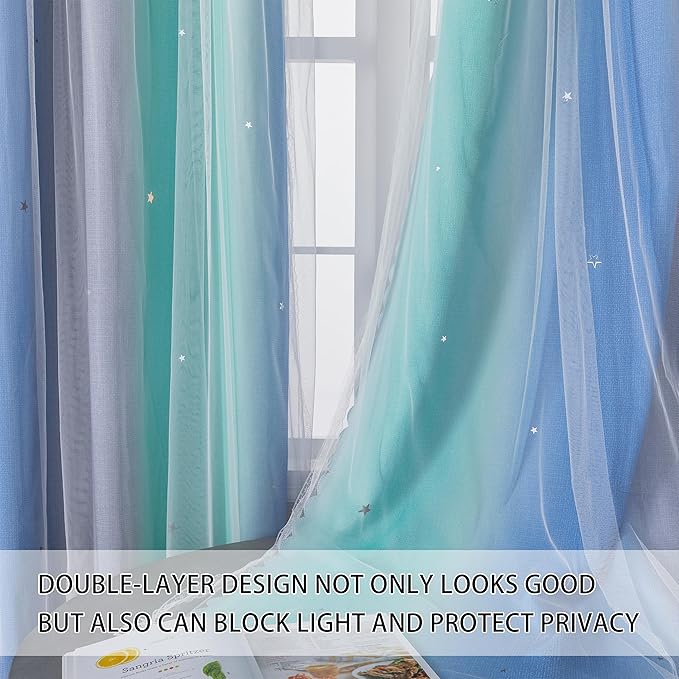 XiDi Girls Curtains for Bedroom 90 Inches Long 2 Panels Blue Green Grey Rainbow Blackout Curtains for Little Girl Kids Room Decor Living Room, Princess Unicorn Wall Decals Drapes 52x90