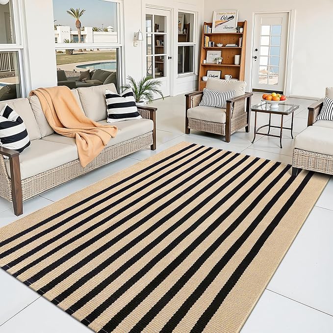 OLANLY Brown and Black Striped Rug 4' x 6' – Washable Cotton Doormat for Indoor Outdoor Use, Layered Front Porch Rug for Entryway, Kitchen, Patio