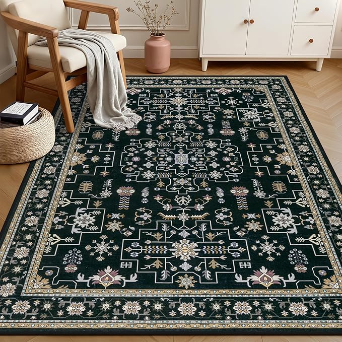 5x7 Area Rugs Living Room Rug: Washable Vintage Boho Medallion Rug No Slip Stain Resistant Soft Carpet Indoor Floor Large Carpets for Bedroom Dining Room Farmhouse Nursery Hallway Home Office Black