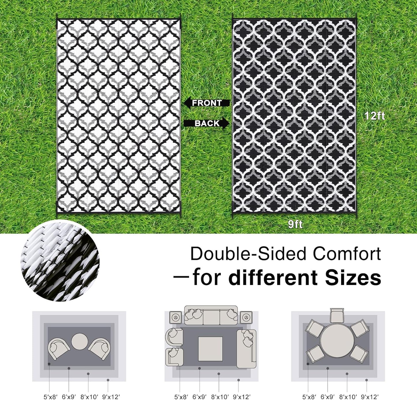 OLANLY Reversible Outdoor Rug 9x12 ft Clearance, Waterproof Outdoor Plastic Straw Rug with Interlacing Pattern, RV Mat for Patio, Camping, Balcony, Deck, Backyard, Black & White