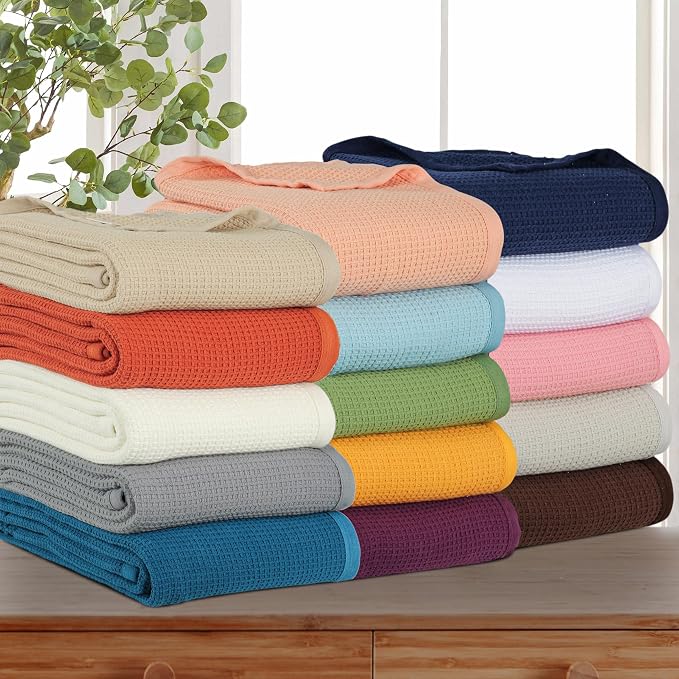 TreeWool Premium 100% Cotton Waffle Queen Blanket (90"x90", Ivory) | Breathable Lightweight Moisture Wicking Soft Knit Thermal Blanket for Summer, Bed or Sofa All-season Comfort Machine Washable