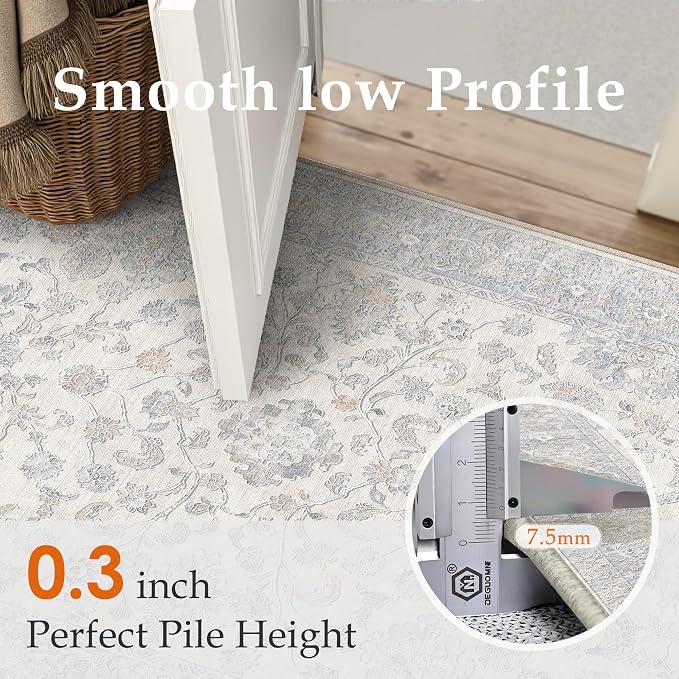 2x8 Blue Washable Runner Rug for Living Room Bedroom Neutral Soft Floral Non Slip Runner Rug Lightweight Vintage Low Pile Distressed Runner Kitchen Hallway Porch Beside Bed Bathroom