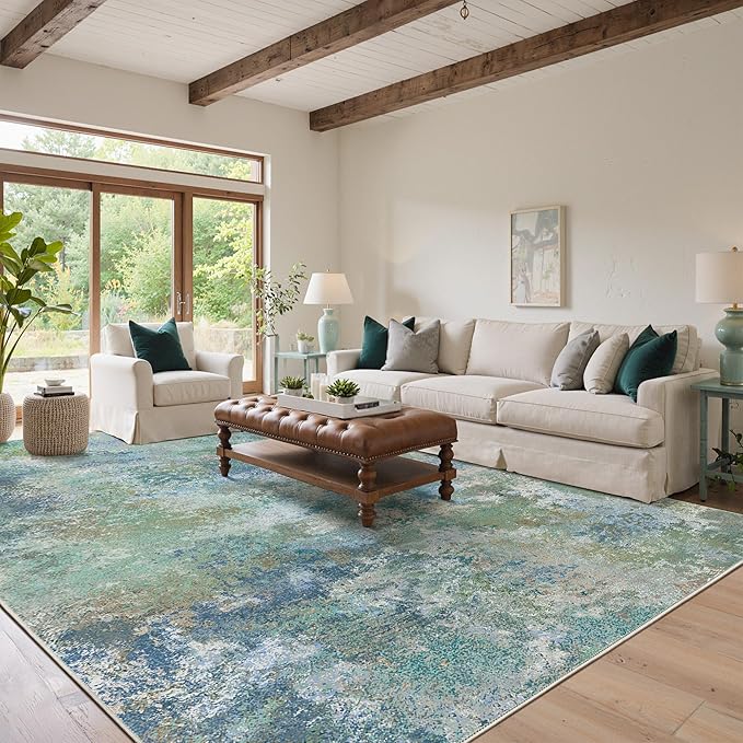BEIMO Area Rugs 9x12 for Living Room Bedroom, Modern Abstract Machine Washable Rug, Large Soft Low Pile Floor Carpet with Non Slip Backing for Dining Room, Blue Green