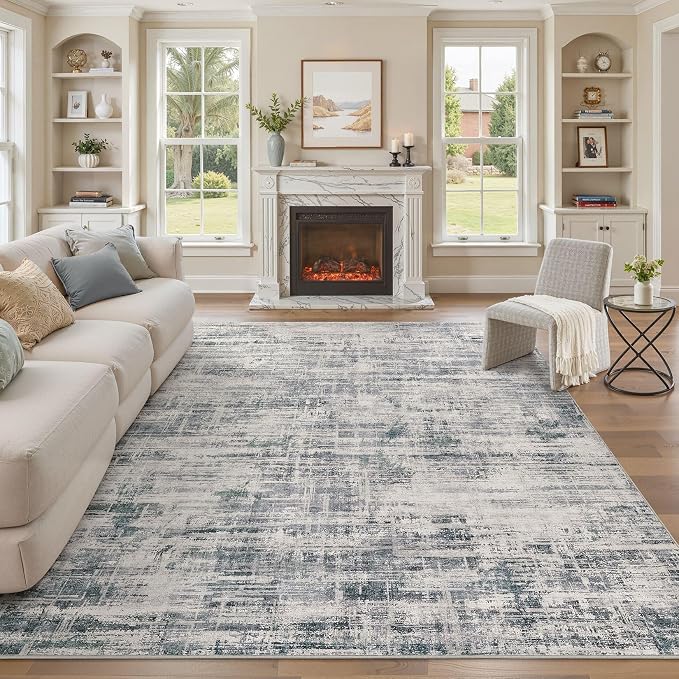UERMEI 9x12 Washable Area Rug for Living Room: Modern Neutral Abstract Large Soft Low Pile Carpet Non-Slip Pet Kids Friendly Indoor Decor for Bedroom Dining Room Home Office Nursery Gray