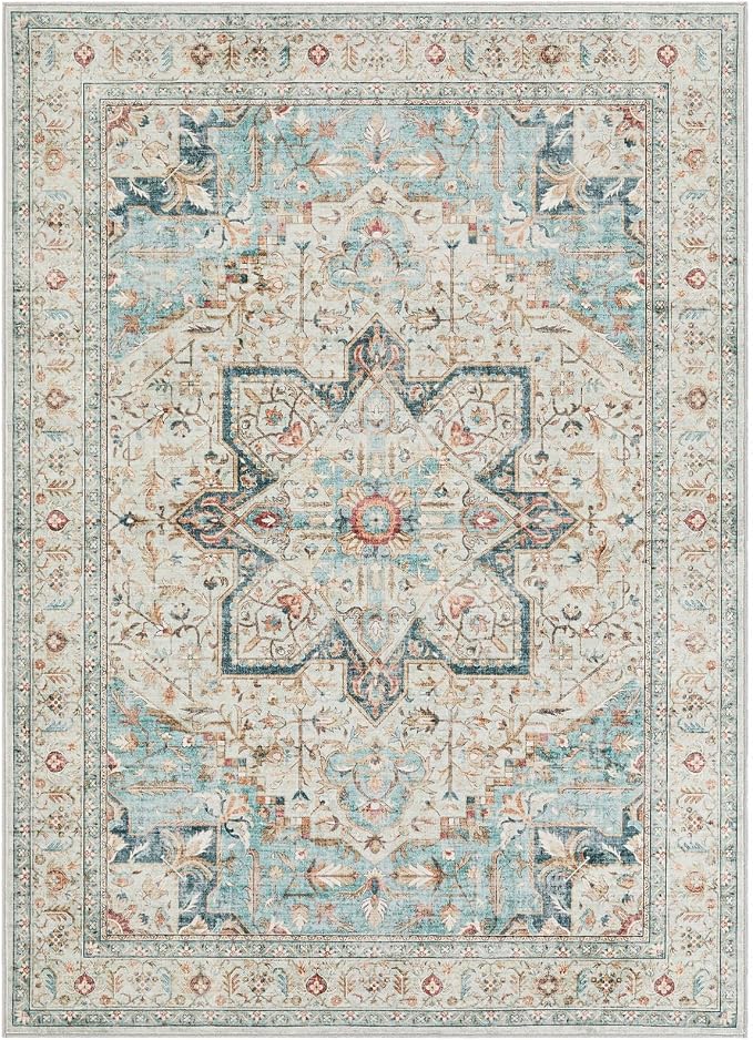 Tortania Area Rug Living Room Rugs - 12x15 Washable Boho Rug Vintage Oriental Distressed Farmhouse Large Thin Indoor Carpet for Living Room Bedroom Under Dining Table Home Office - Aqua Multi