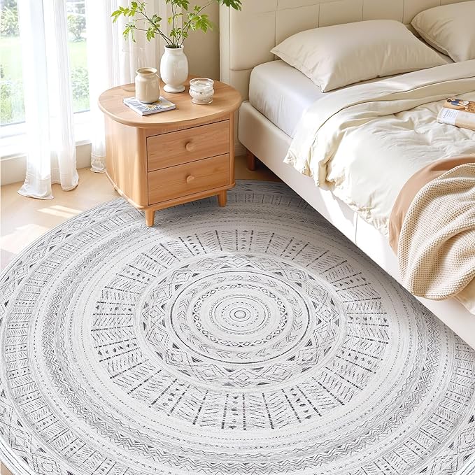 cotiled 8x8 Round Area Rug Living Room: Washable Boho Rugs with Non Slip Backing Large Soft Indoor Stain Resistant Carpet for Bedroom Farmhouse Dining Room Lightweight Home Decor Dark Grey