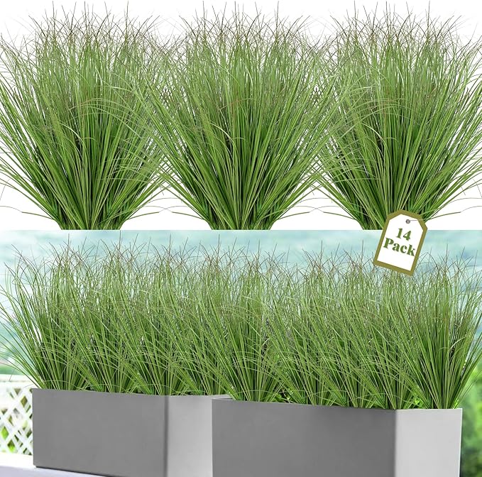 14 Bundles Artificial Onion Grass Plants Outdoor 20 Inch Fake Shrubs Artificial Tall Wheat Grass UV Resistant Greenery Stems Faux Bushes Plant for Indoor Outdoor Garden Office Home Decor
