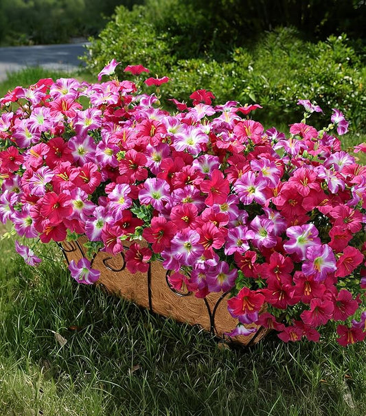 Artificial Flowers for Outdoors Fake Plants Outside Decoration, 20 Bundles Silk Petunia with Eucalyptus UV Resistant Realistic Faux Flowers for Outdoor Planters Garden Balcony Yard Porch Patio, Mix