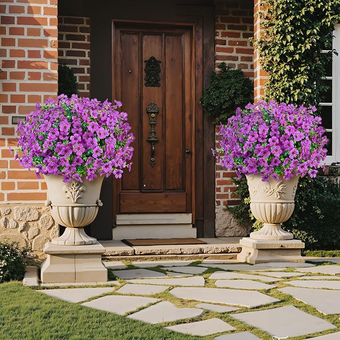 Ouddy Decor 12 Bundles Artificial Flowers for Outdoors Fake Silk Flowers UV Resistant Faux Plastic Plants for Spring Summer Garden Porch Window Box Table Vase Home Indoor Outdoor Decoration, Purple