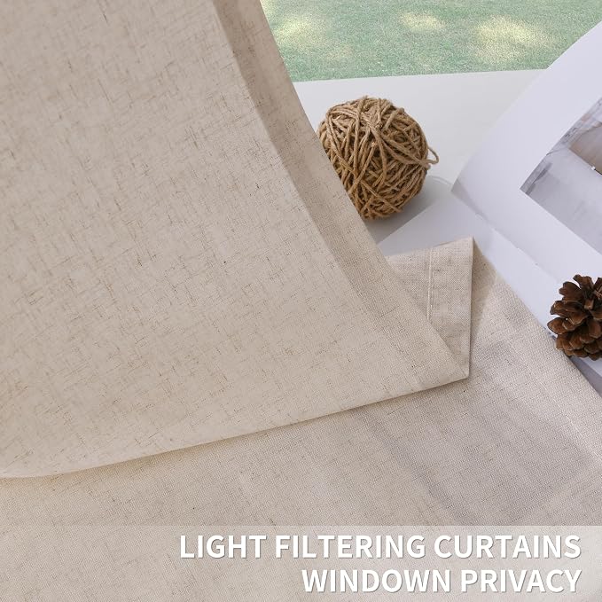 Cream Beige Pinch Pleated Linen Curtains 108 Inch Length 2 Panels Set for Living Room Bedroom Modern Farmhouse Country Privacy Light Filtering Semi Sheer Back Tab Drapes with Hooks for Nursery 40x108