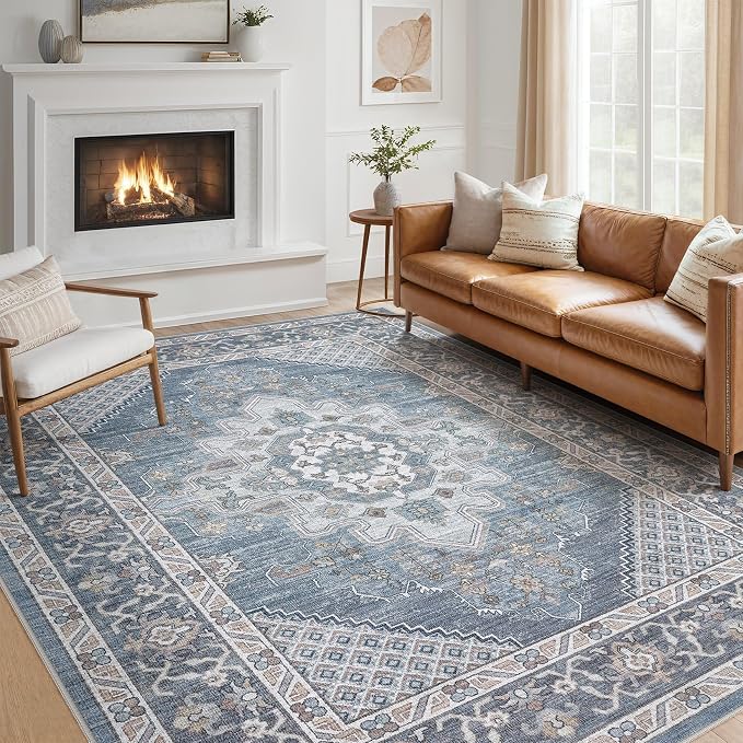 Tortania Area Rug Living Room Rugs - 12x15 Washable Boho Rug Vintage Oriental Distressed Farmhouse Large Thin Indoor Carpet for Living Room Bedroom Under Dining Table Home Office - Blue