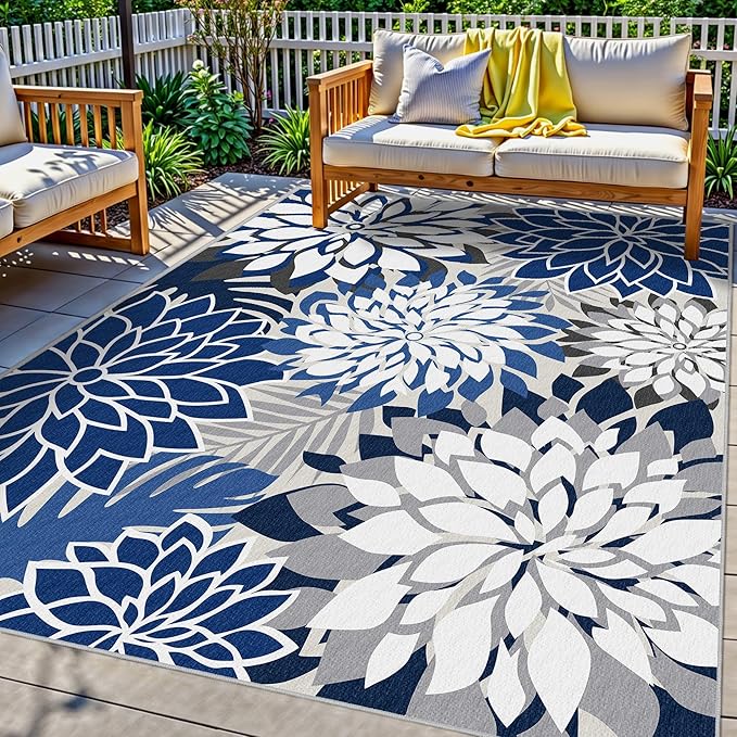 9x12 Outdoor Area Rug Washable Multicolored Patio Rug Tropical Botanical Floral Chenille Waterproof Outdoor Carpet Non-Slip for Deck, Backyard, Porch, Blue