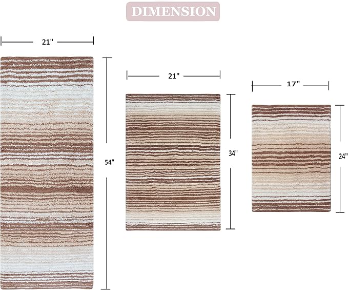 Home Weavers 100% Cotton Gradiation Collection Bathroom Décor | Washable Rug | Bathroom Mat | Kitchen Mat | Bathroom Rug Set | Bath Mat Set | Bath Floor Mat Non Slip, 3 Piece Set with Runner, Beige