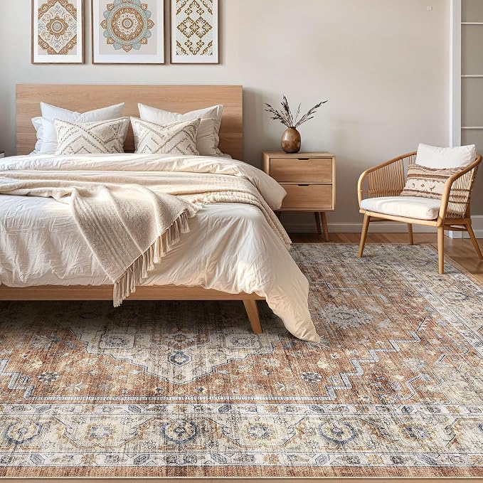 7x9 Area Rug Living Room: Washable Boho Large Neutral Vintage Soft Rug Stain Resistant Farmhouse Non-Slip Indoor Floor Carpet for Bedroom Nursery Kids Playroom Office Dining Room- Terracotta