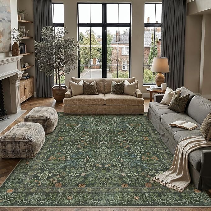 PureCozy 9x12 Dark Green Area Rug for Living Room Bedroom Washable Vintage Floral Carpet Low Pile Non Slip Botanical Aesthetic Large Dining Room Soft Accent Throw Rug Nursery Office Indoor