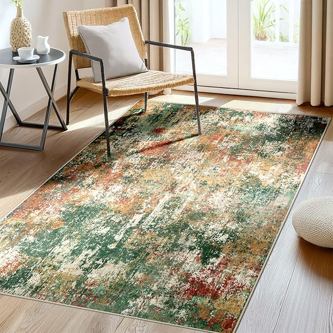 RELEANY Washable Area Rugs 3'x5' Non-Slip Modern Abstract Soft for Living Room Entryway Bedroom Nursery, Print Pattern, Green Orange Rust Red Cream Colorful