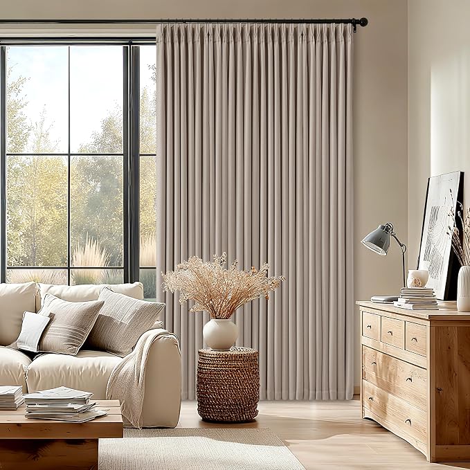 100% Blackout Linen 126 Inch Curtains 2 Panel Set for Bedroom Modern Pinch Pleated Linen Burlywood Birch Insulated Heavy Curtain 40 x 126 Inches Length Sliding Glass Door Room Darkening Drapes
