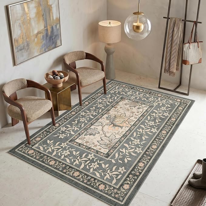 GarveeHome Grey Area Rug 5x7 Washable Cottage Core Vintage Farmhouse Low-Pile Stain Resistant Non-Slip Rugs for Bedroom Living Room Nursery Kitchen Home Office TPE Backing Indoor Decor
