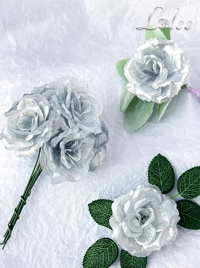 LELEE Artificial Rose Flowers Head with Stem - 108pcs Silver Artificial Flowers Rose Bulk - Silk Rose Fake Flower for Wedding Bouquet Party Home Decor DIY Baby Shower Centerpieces Tables Decoration