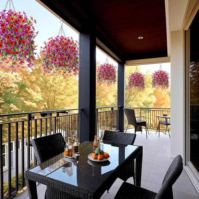 INXUGAO Artificial Hanging Flowers Plants with Basket for Outdoors, Realistic Faux Silk Daisy Flower Eucalyptus for Spring Decor, UV Resistant Fake Plants for Porch Patio Yard Balcony(Red Purple)
