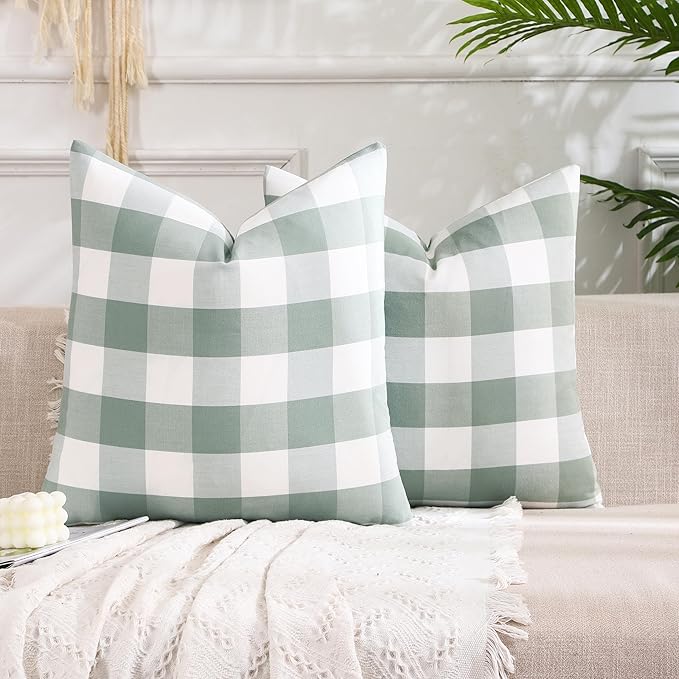 CARRIE HOME Farmhouse Sage Green Plaid Pillow Covers 18x18 Set of 2 Neutral Throw Pillows Light Green Outdoor Indoor Checkered Decorative Pillow Covers 18 x 18 for Couch Porch and Patio, Grey Green
