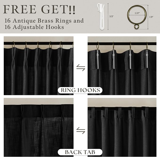 Black Linen 86 Inches Long Curtains 2 Panels Set Pinch Pleated Thick Textured Linen Drapes for Living Room Bedroom Pinch Pleat Back Tab Light Filtering Boho Farmhouse Window Curtains 86 Inch Length