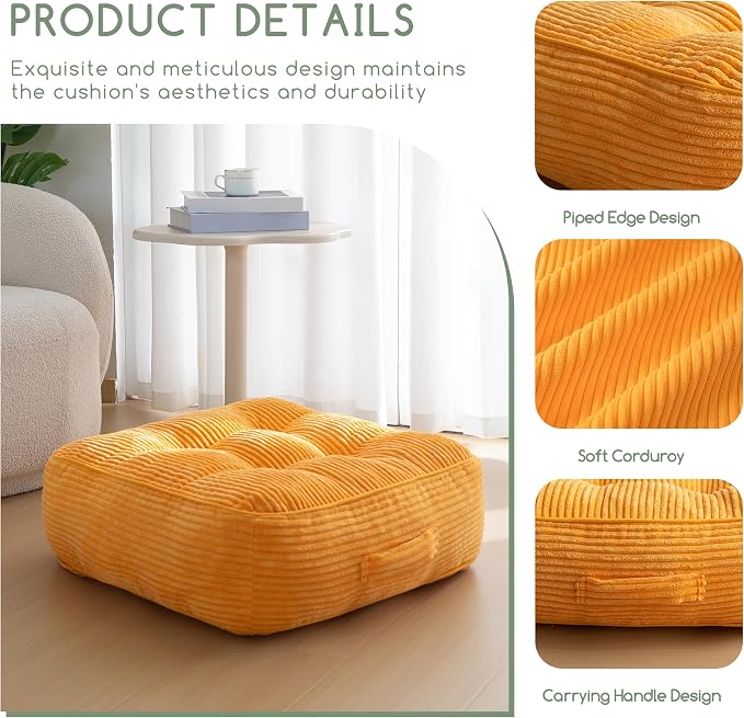 HIGOGOGO 8" Extra Thick Floor Pillow Cushion for Adults, Meditation Cushion Pillow, Large Square Floor Sitting, Tufted Corduroy Cover, for Tatami Living Room or Yoga, 22x22 Inch, 2Pack, Orange