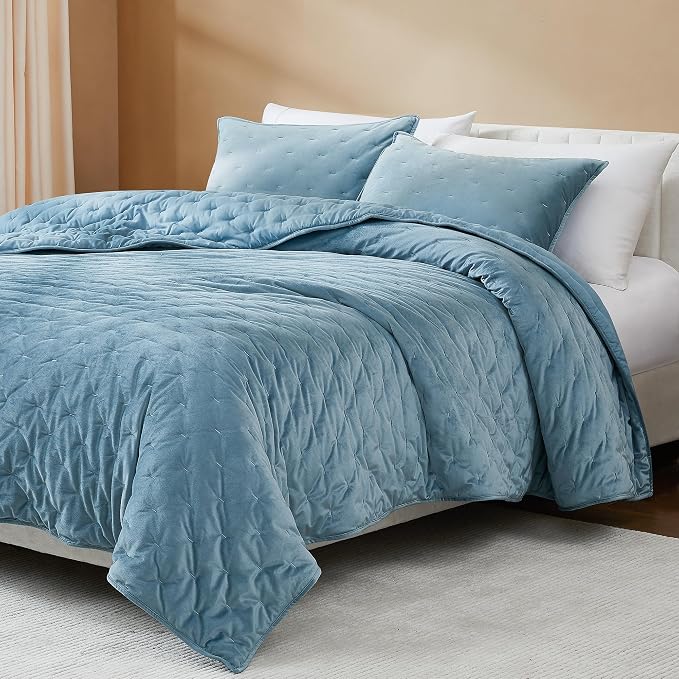 Lush Decor - Quilt Set, 3-Piece Cozy Velvet Bedding with Matching Shams, Embroidered Stitch Design (Haven Blue, King/California King)