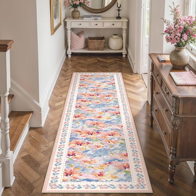 2x6 Washable Runner Rug Pink Blue Floral Abstract Hallway Kitchen Throw Rug Modern Non Slip Soft Low Pile Carpet for Bathroom Laundry Bedroom Living Room
